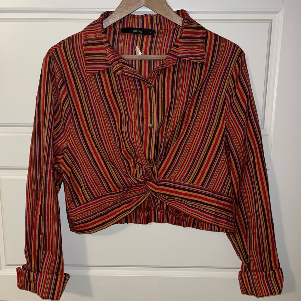 Ella Blue Red and Black Cuffed Sleeve Crop Blouse NWT